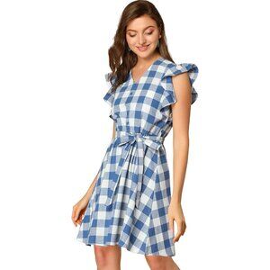 Women's Cotton Vintage Check Plaid Summer Dress Ruffled Sleeves Belted